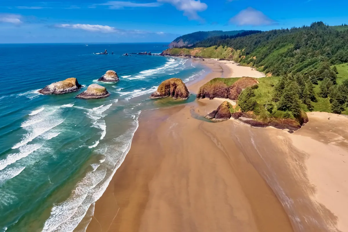 A wide view of the sandy beach bordered by rock formations and the ocean, framed with lush greenery. The scene is tranquil, with gentle ocean waves inviting outdoor activities. There are no people or pets visible, but the open expanse suggests plenty of room for playing, running, or walking.
