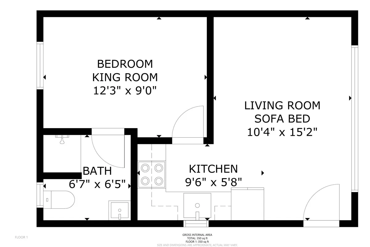 This image presents a comprehensive view of the king bedroom, living area with a sofa bed, kitchen, and bath. The focus is on the king bedroom, which features a cozy bed with fresh linens and subtle modern décor. The image also hints at the adjacent bath, reinforcing the all-in-one private retreat. The atmosphere is cozy and functional, matching the section's emphasis on comfort and privacy.