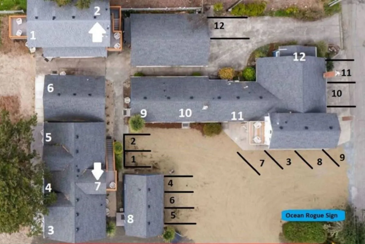 An expansive exterior view displays multiple buildings surrounded by open landscaped space, suggesting communal gathering areas ideal for social activities like outdoor dining, barbecues, or stargazing. The layout encourages interactions between guests and offers a glimpse into the friendly, community-oriented environment at the inn.
